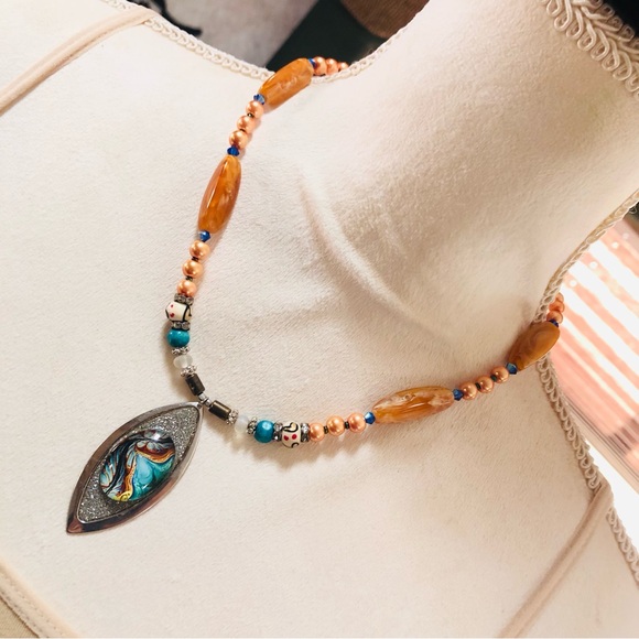 Handcrafted repurpose sparkle elongated raindrop pendant vintage bead necklace